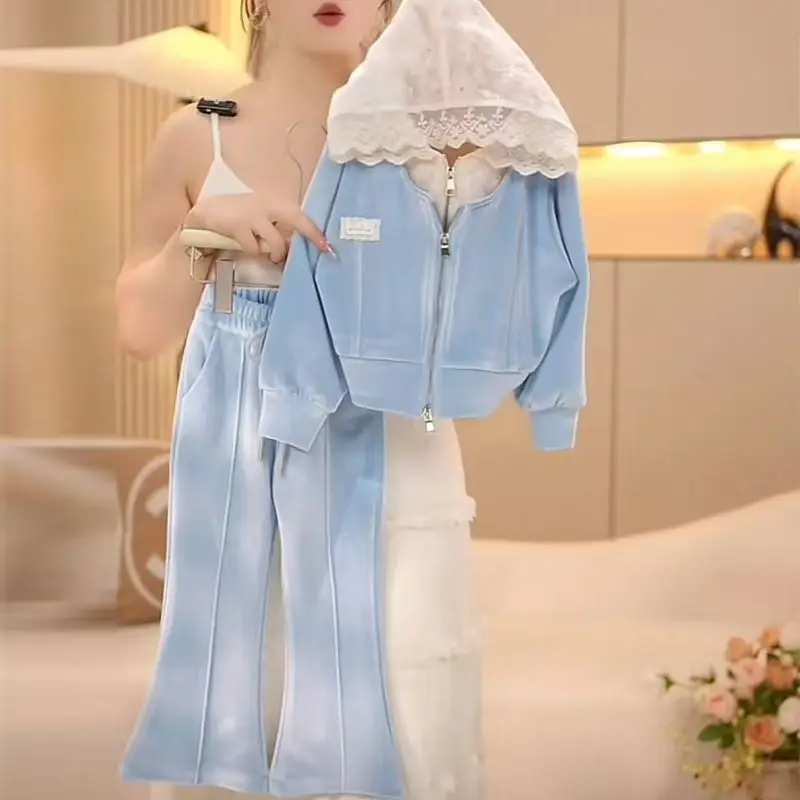 2025 New Children's Wear Medium And Large Children's Style Lace Fake Two Piece Hoodie Two Piece Set Girls' Spring And Autumn Set