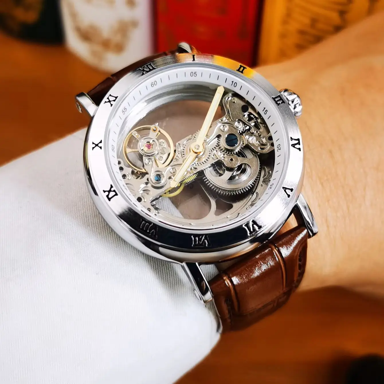 

Forsining Luxury Skeleton Mechanical Watch for Men Leather Steel Strap Business Fashion Automatic Mens Watches Top Brand Clock