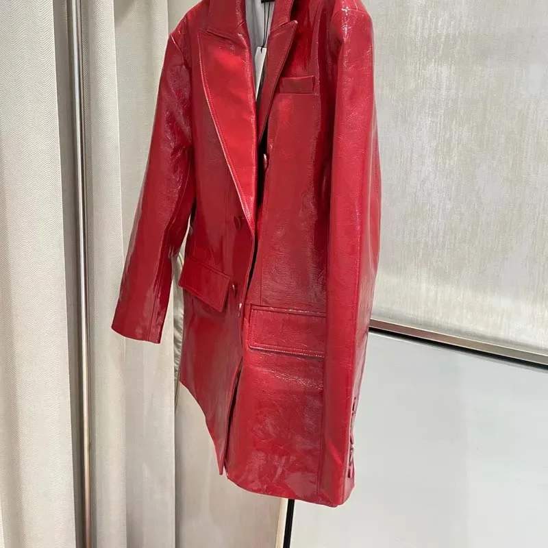 Women coat spring high quality 2024 new arrival red premium Aurora lambskin turn-down collar clothes double breasted