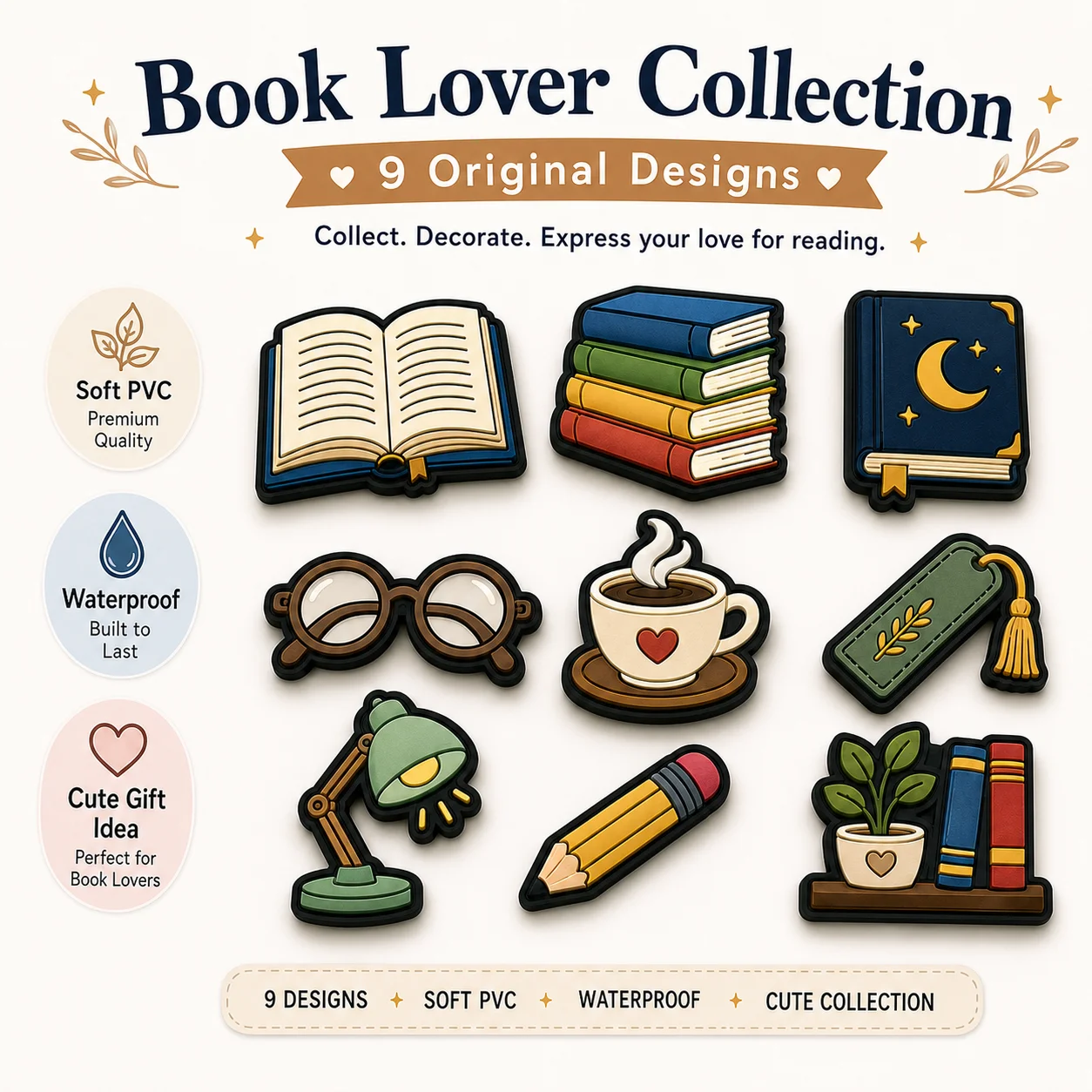 Custom Reading PVC Patches Book Stack Glasses Coffee Bookmark Lamp Soft Rubber Hook and Loop for Bags Jackets Library Gifts