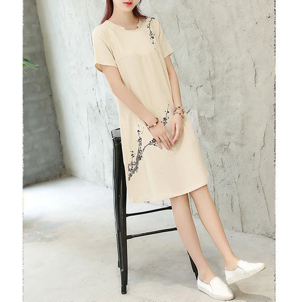 Women Casual Loose Flower Printing Short Sleeve Dress