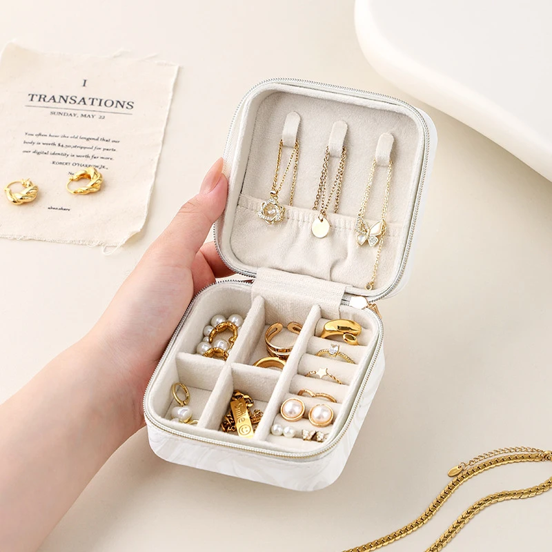 Women's Portable Travel Jewelry Case Marble Texture PU Leather Zipper Organizer Box for Rings Earrings Necklaces Storage Gift