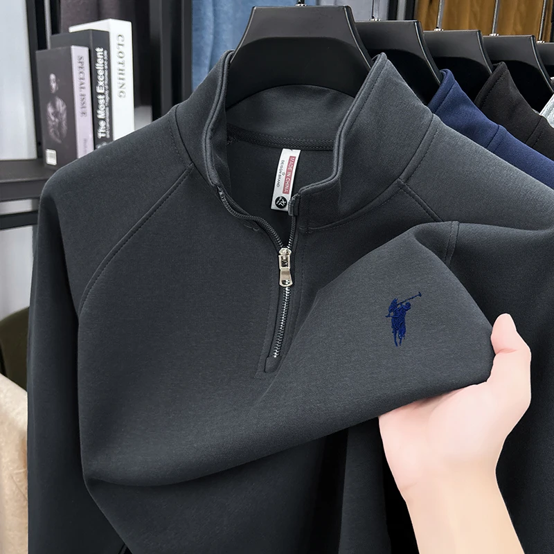 سترة بغطاء للرأس بأكمام طويلة من القطن بنصف سحاب للرجال للخريف/الشتاء؛ قميص داخلي للشباب كاجوال متعدد الاستخدامات ومطرز بطبقة علوية