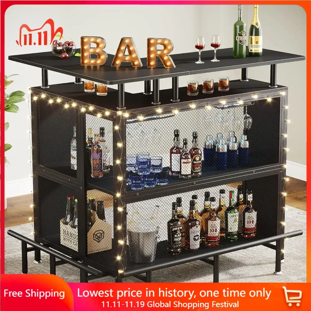 

Bar Unit, L-Shaped Bar Table with Stemware Racks and 2-Tier Shelves, Corner Mini Coffee Liquor Cabinet with Footrest