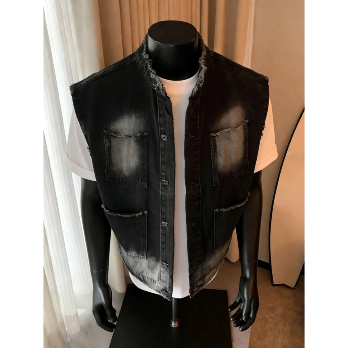 

Джинсовая майка в американском стиле с рваными элементами, унисекс, летняя, модная, без рукавов, с воротником-стойкой, стильная рабочая одежда, верхняя одежда