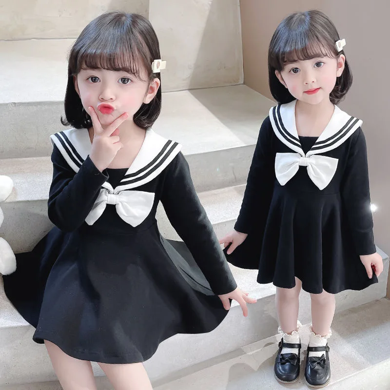 2024Spring and Autumn Baby Girl Preppy Style Long Sleeve  Navy Style Princess Dress