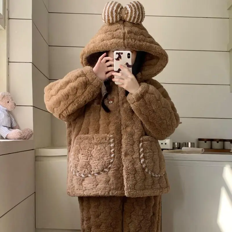 

Women's pajamas Comfortable Sleepwear Cotton Pajama Set winter autumn Bear Thick Warm Student Dorm Home Suit