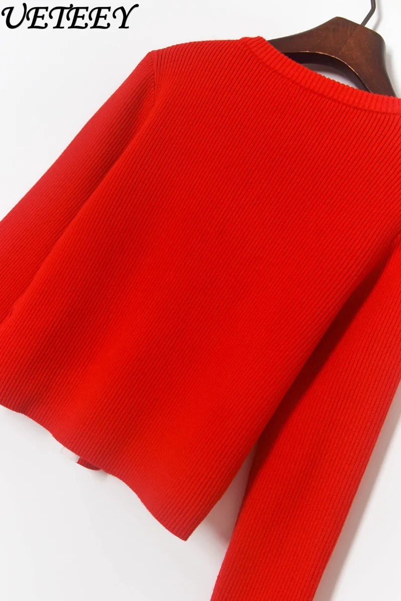 Outono inverno novo botão cor-bloco manga longa camisola de malha moda elegante feminino fino ajuste versátil curto cardigan