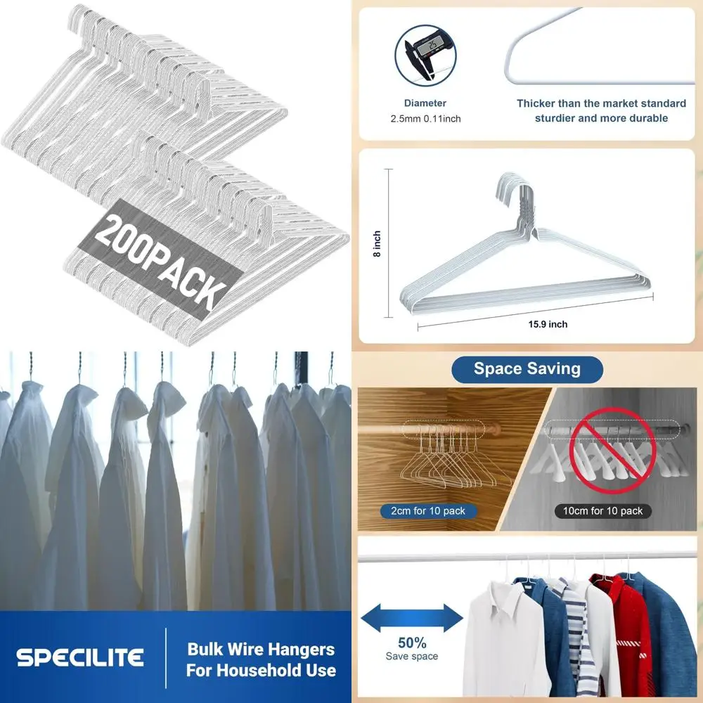 

SPECILITE Wire Metal Clothes Hangers Bulk 200 Pack for Standard Size Suits, Coats, Shirts, Pants, Skirts, Space Saving, Non Slip