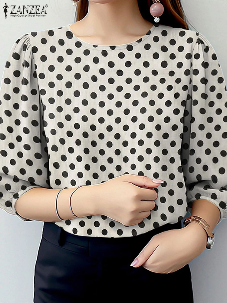 ZANZEA blus Polka Dot wanita, atasan Smock kasual, blus 2025 lengan Puff, leher O, trendi, musim panas, musim semi, 3/4