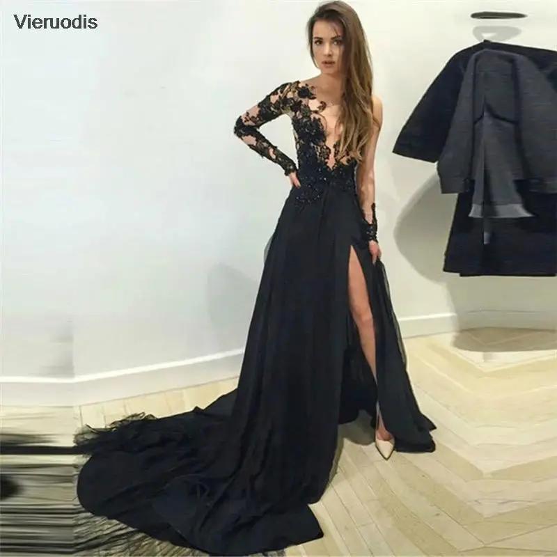 

Black One Shoulder Evening Dresses 2022 A-Line Long Sleeve Sexy Side Slit Lace Appliques Charming Party Prom Gown Sweep Train