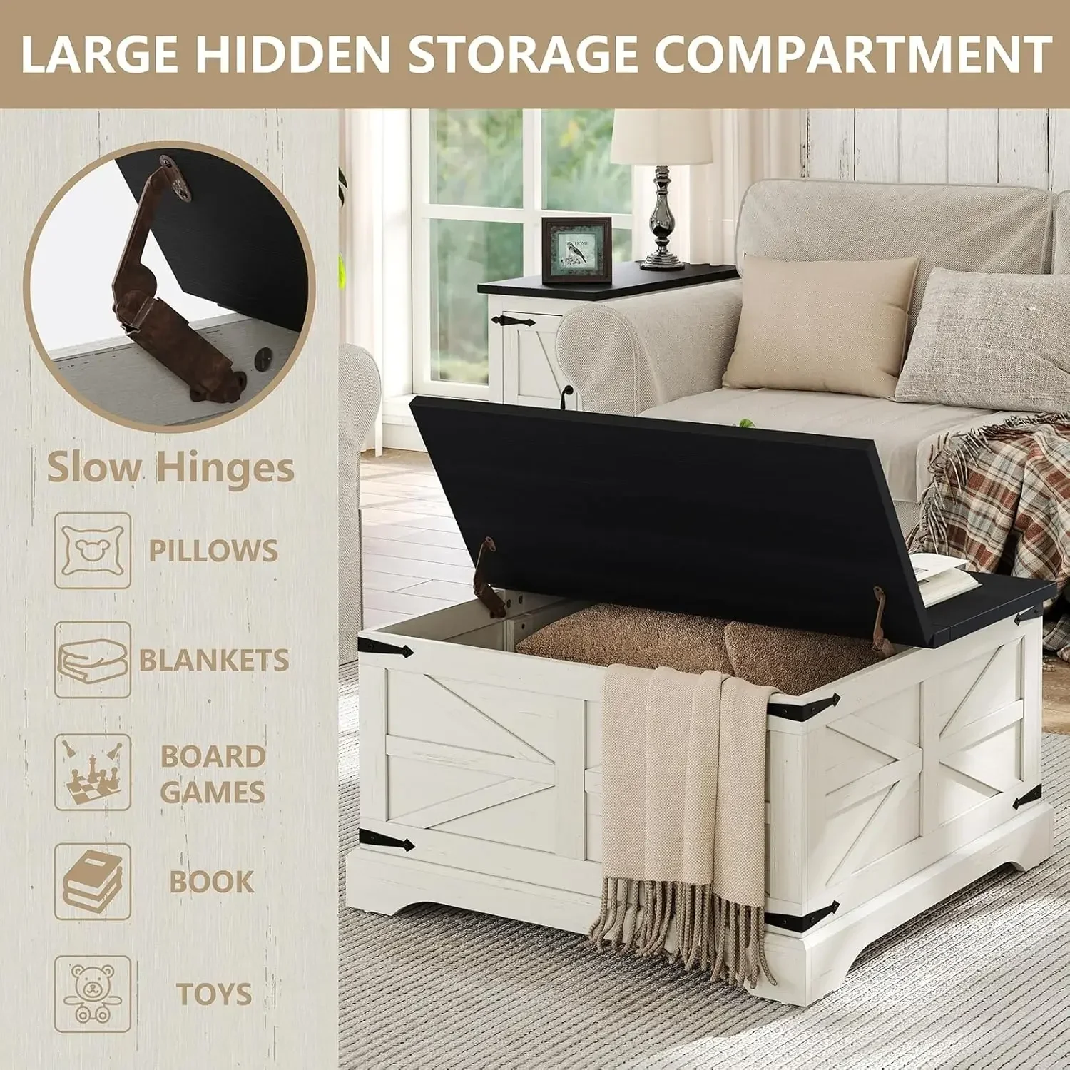 Farmhouse Lift Top Coffee Table, Square Wood Center Table with Large Hidden Storage Compartment for Living Room