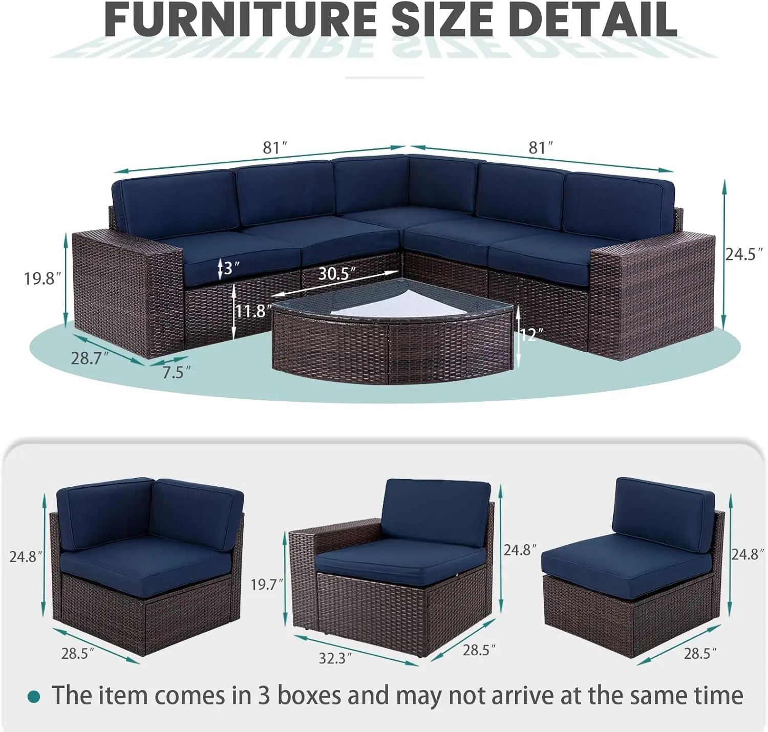 6-PCs Outdoor Furniture Sofa Set,All-Weather Wicker Sectional Couch,Patio Conversation Sets with Glass Table,Washable Cushions