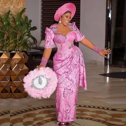 Nigerian African Prom Dresses Long Sleeves Pink Aso Ebi Formal Evening Gowns Beaded Lace Illusions Evening Dress Beading