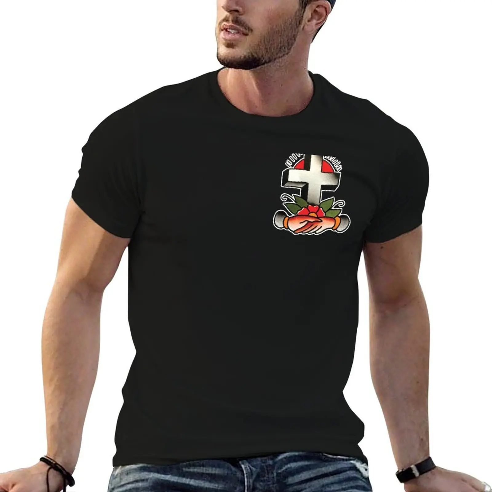 

Traditional Cross with Shaking Hands Tattoo Design T-Shirt man t shirt summer t shirts designer funny t shirts cotton T-Shirt
