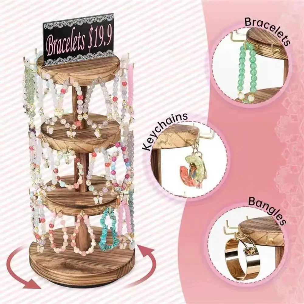 43*17.5cm Jewelry Display Stand 360° Rotatable Base Rustic Vintage Finish Wooden Necklace Display Stand Metal Hooks