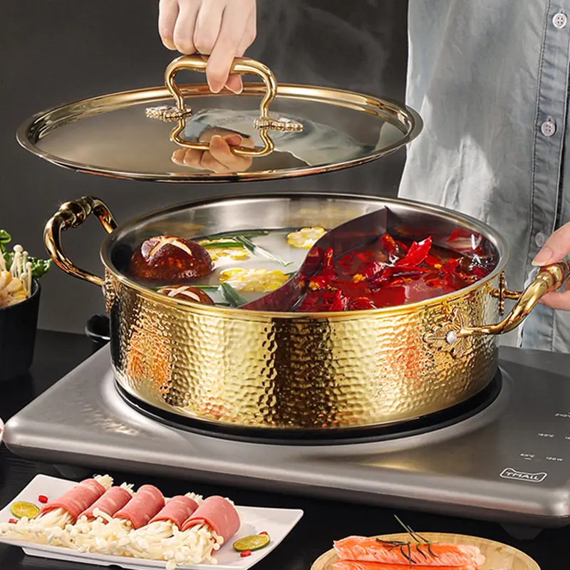 DSA stainless steel thickened three-layer steel hammer pattern pot clear soup Yuanyang pot household gas stove induction cooker