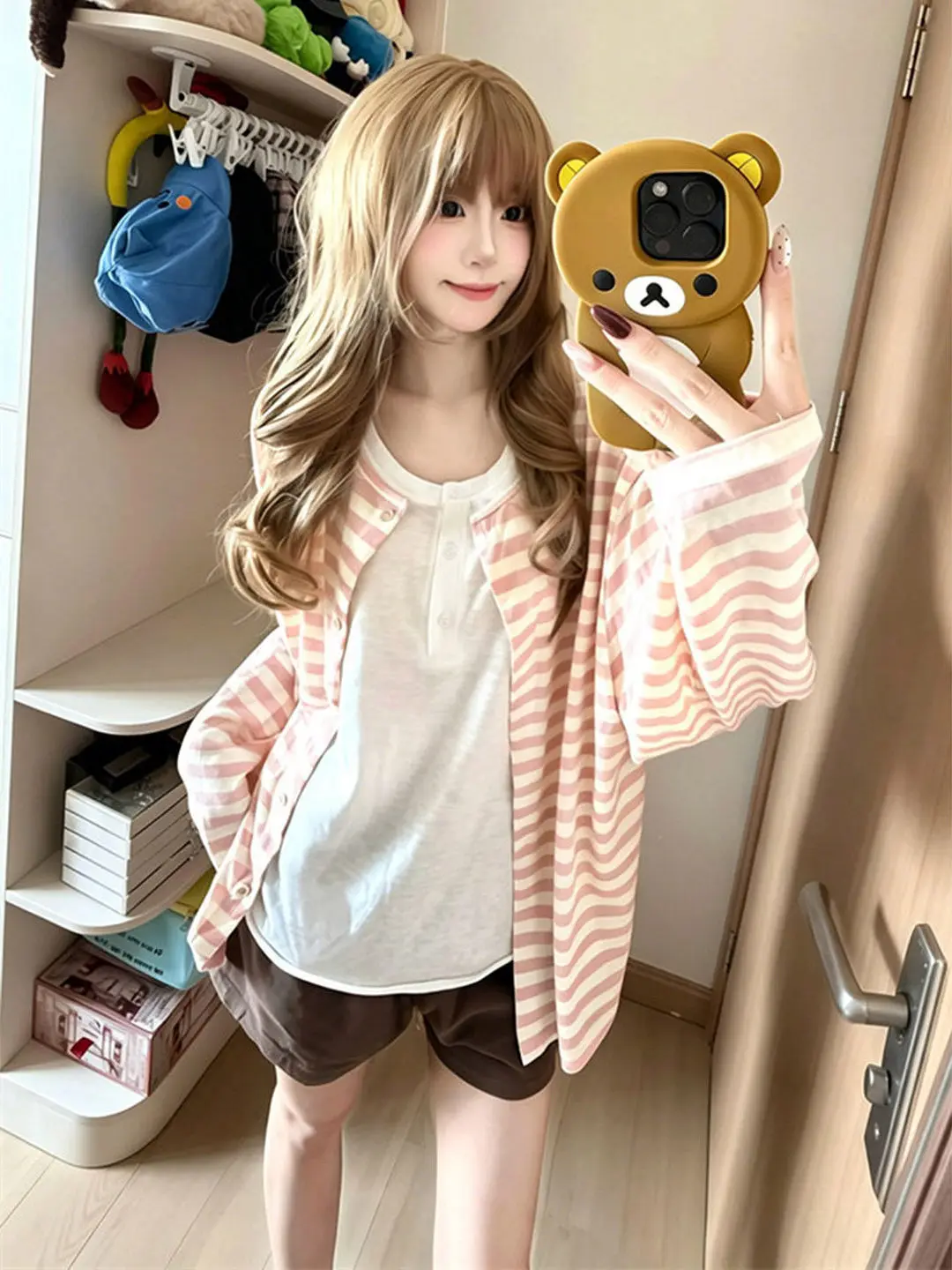 Pink Striped Summer Lightweight Loose Sleeveless Cardigan Women's Outerwear with Strap Long Sleeve Top Sun Protection Coat
