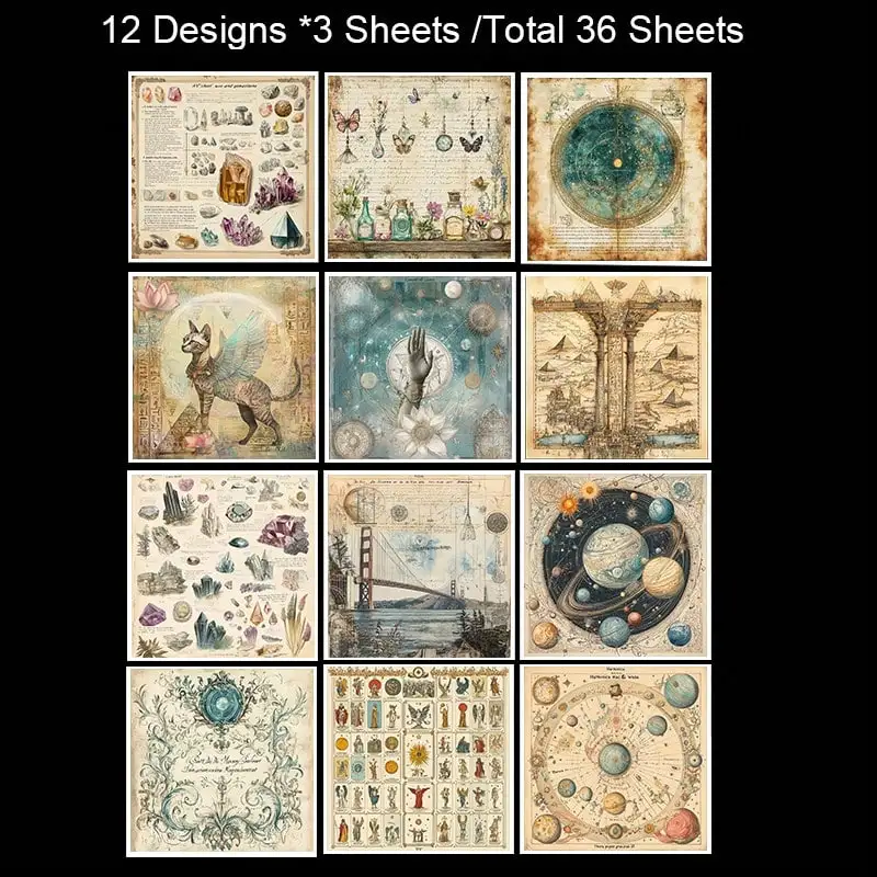 36 매 레트로 별이 빛나는 하늘 스크랩북 종이 팩, 편지지 빈티지 아트 공예 패턴 스크랩북 종이 (점프 저널 플래너용)