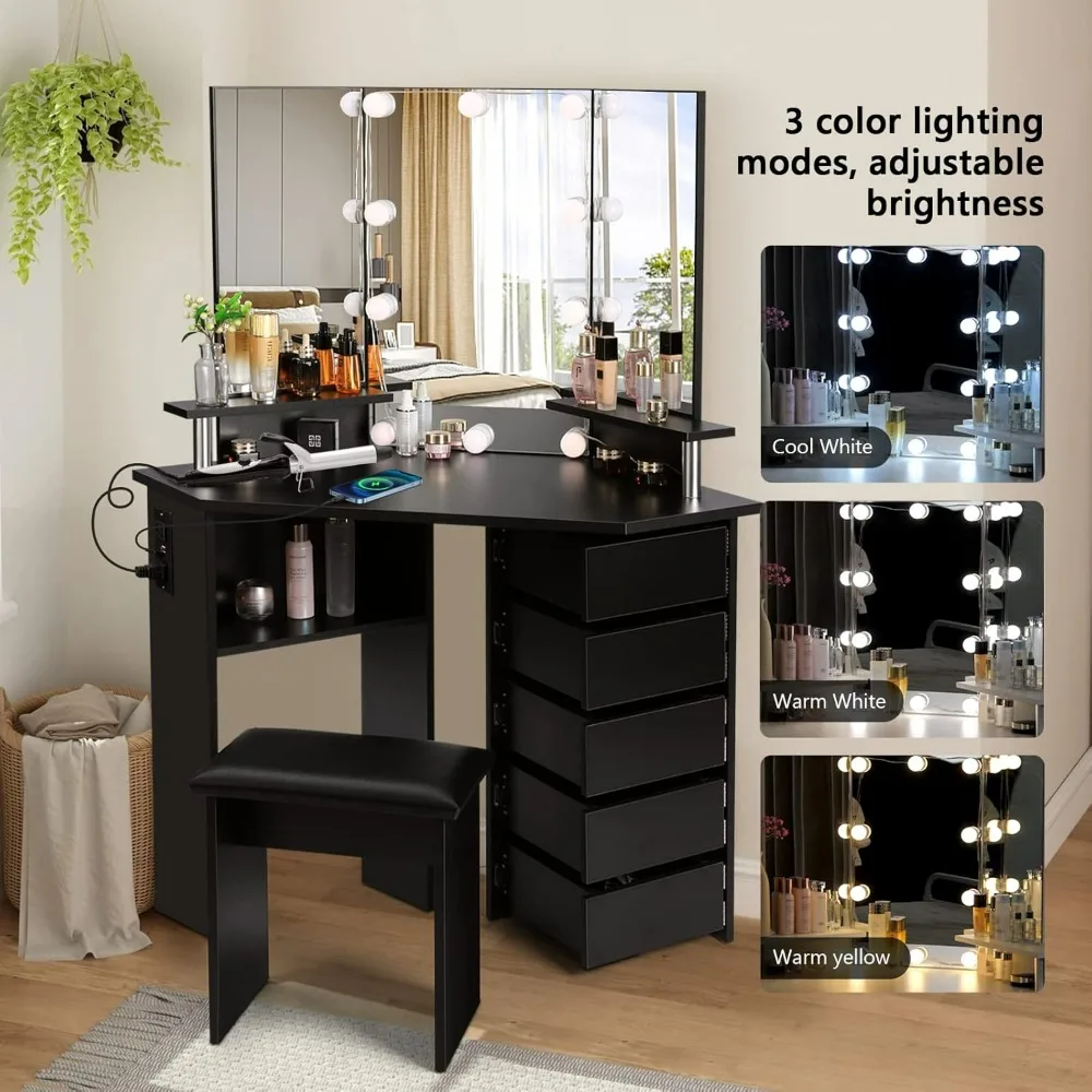 Vanity with Lights - Makeup Vanity Desk with Power Outlet, 3 Color Lighting Options Brightness Adjustable, Vanity Table