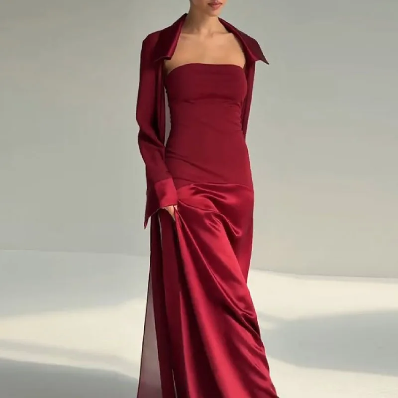 

2026 Fashion Perspective Slim Fit Holiday Outfits Women Casual Long Sleeved Suits Sexy Tube Tops Strapless with Chiffon Coat Set