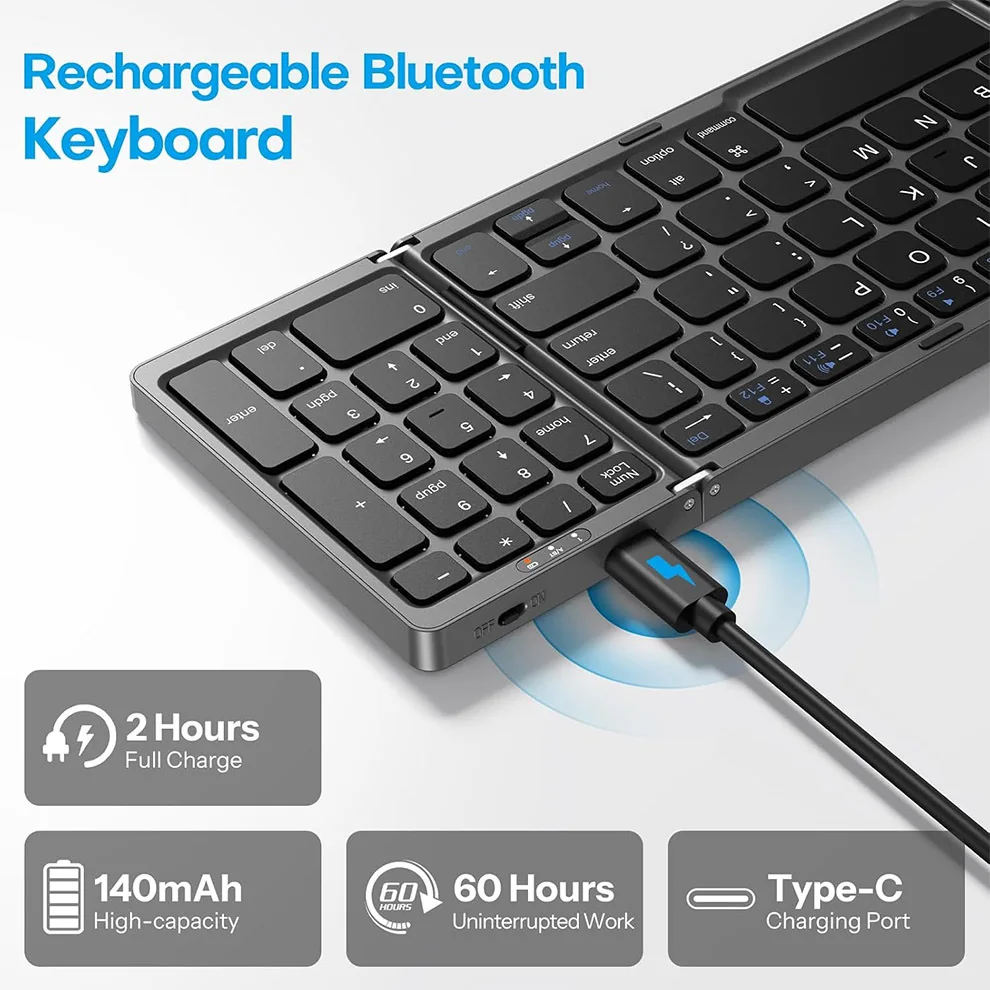 Teclado Bluetooth sem fio dobrável com almofada numérica, recarregável, multi-dispositivos, iPad, iPhone,Tablet