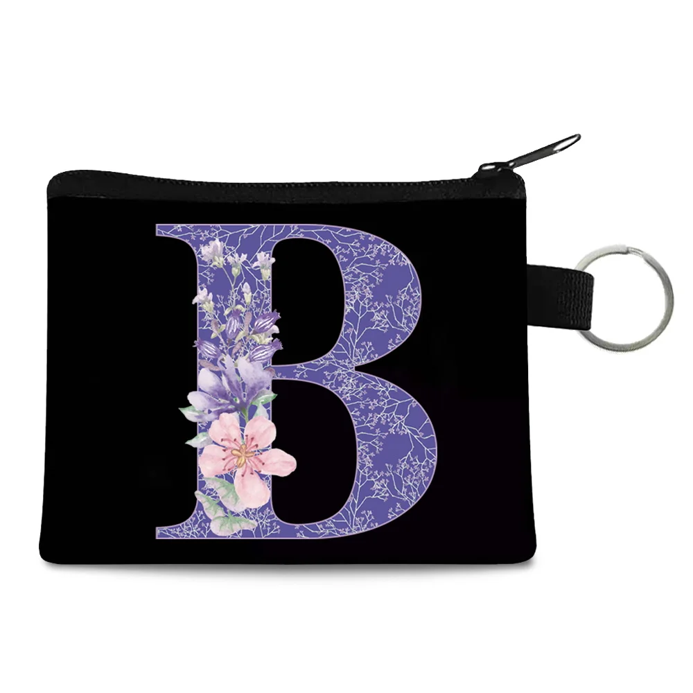 Mini Coin Purse Wallet Canvas Women Makeup Bag with Purple Flowers 26 Letters Pattern Zipper Small Eco Shopping Storage Pouch