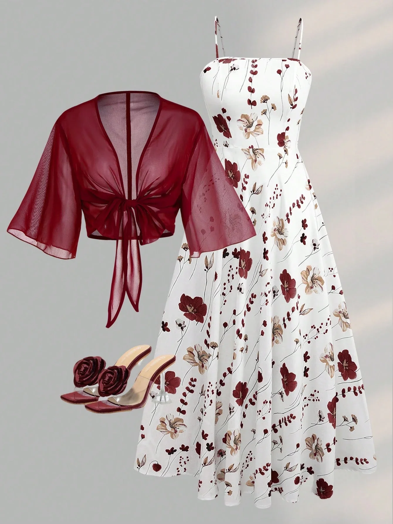 

Women's Floral Chiffon Dress With Shawl 2 Piece Set Spring Summer