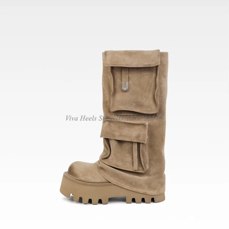 

Brown Suede Pocket Flat Platform Knee High Boots Women's Soft Y2K Cool Round Toe Highten Shoes 2025 New in Luxury Designer Shoes
