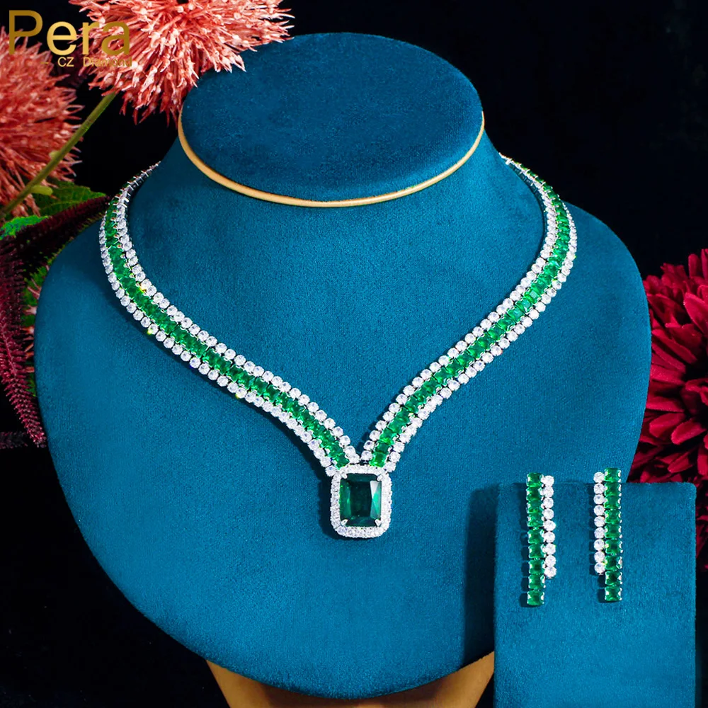 

Pera Classic Square Drop Green Cubic Zirconia Necklace and Earrings Luxury Bridal Wedding Banquet Jewelry Sets for Women J398