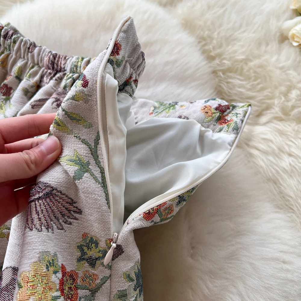 女性シックなジャカードシャーリングセクシーなスカート弾性ハイウエスト韓国ファッション A ライン秋服