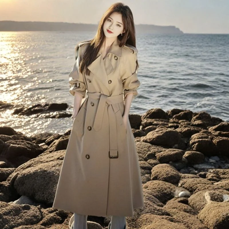 2025 feminino outono e inverno novo emendado gola meio aberta botão bolso moda solta jaqueta corta-vento de comprimento médio