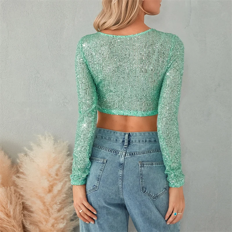 Fall Summer Sequins Crop Tops Women Solid Long Sleeve O Neck Glitter Sparkle T-shirts Slim Show Navel Pullovers Beach Streetwear