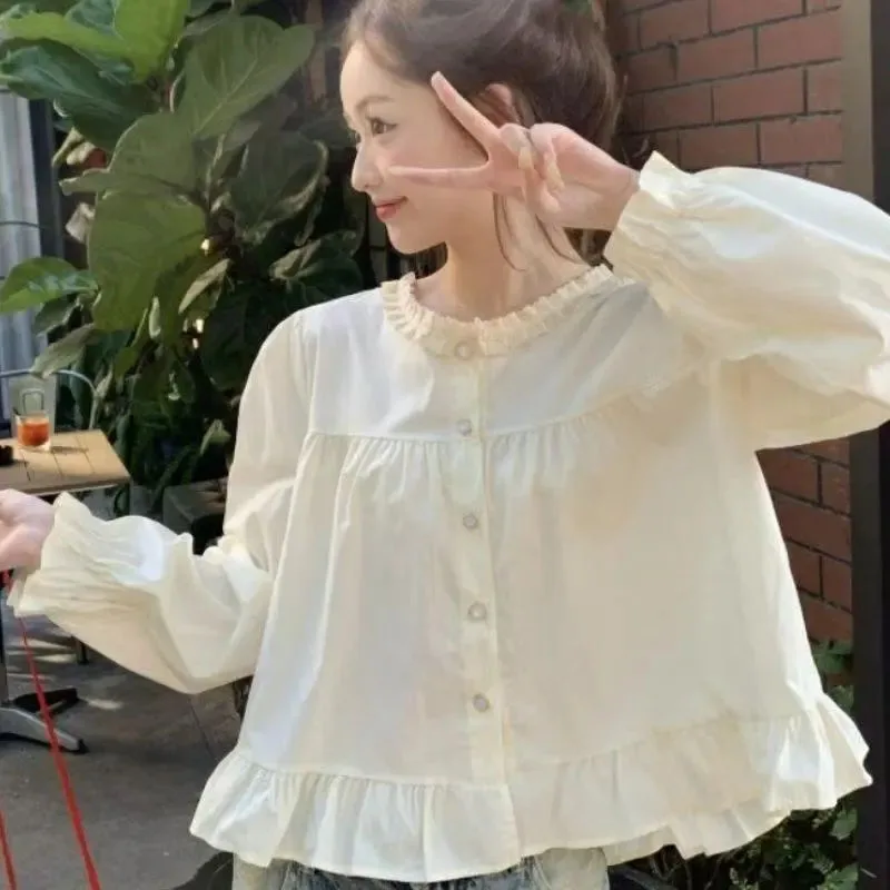 

Sweet Lace Long Sleeve Blouse For Women Korean Summer Ruffle Youthful Cute Shirt Girl Y2k Kawaii Preppy Style All Match Shirts
