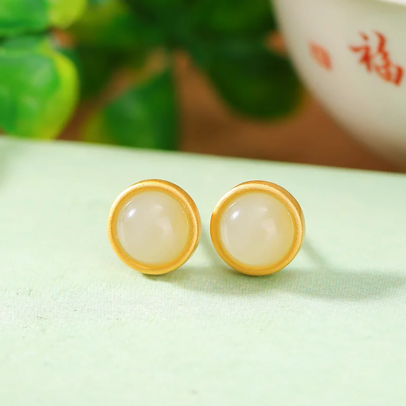 

S925 Sterling Gold-Plated Hetian Jade Round Bead Earrings Geometric Silver Jewelry