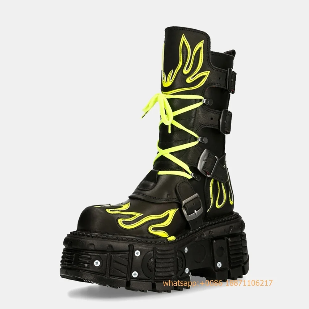 Cyberpunk Fluorescent Flame Rock Boots 2024 Autumn Thick Sole Motorcycle Boots Belt Buckle Lace-Up Ladies Sports Casual Boots