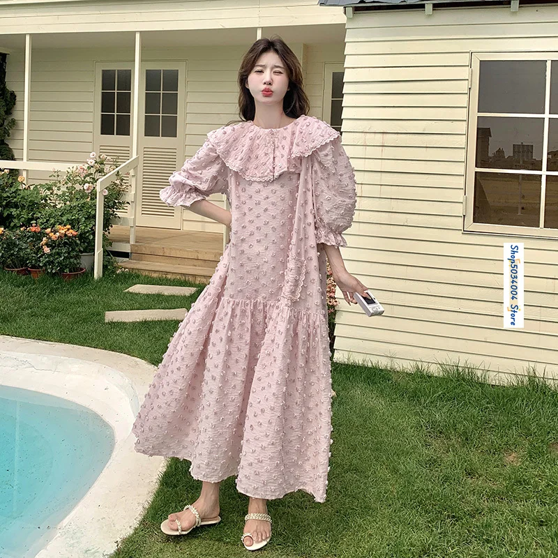 

Sweet Pink Puff Short Sleeve Big Lapel Loose Fishtail Dresses for Women 2024 Summer Elegant Chic Korean Style Maxi Dress 2842