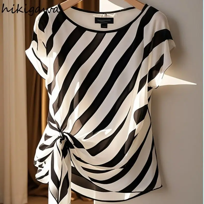 

Women's Clothing Summer Blouses 2025 Blusas Mujer De Moda Short Sleeve Bandage Striped Shirts Loose Vintage Chic Blouse Tops