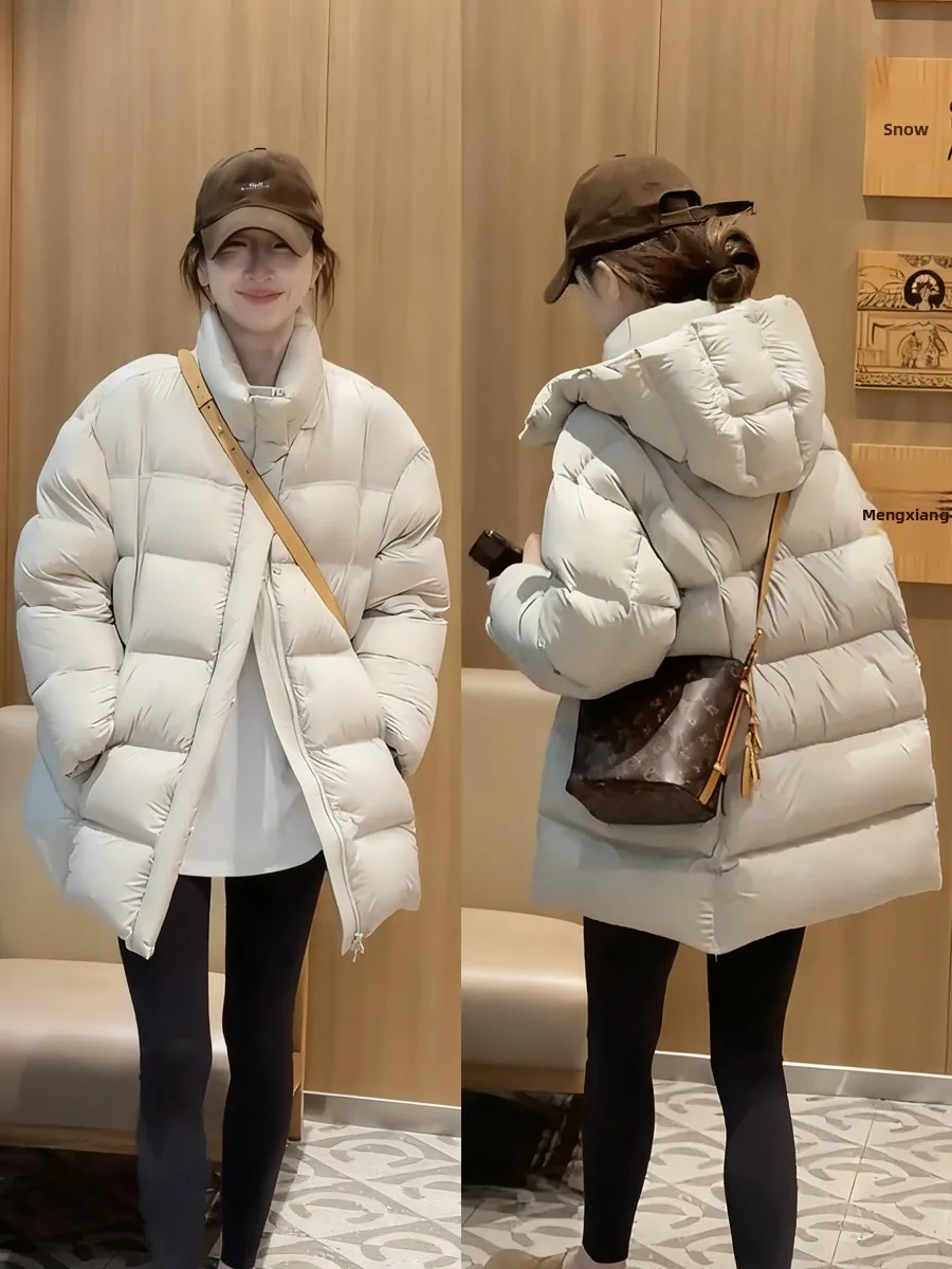 

Loose Women's Mid-Length Duck down Puffer Jacket Korean Style Warm Windproof Cuff Detachable Hood Thickened White Duck Feather