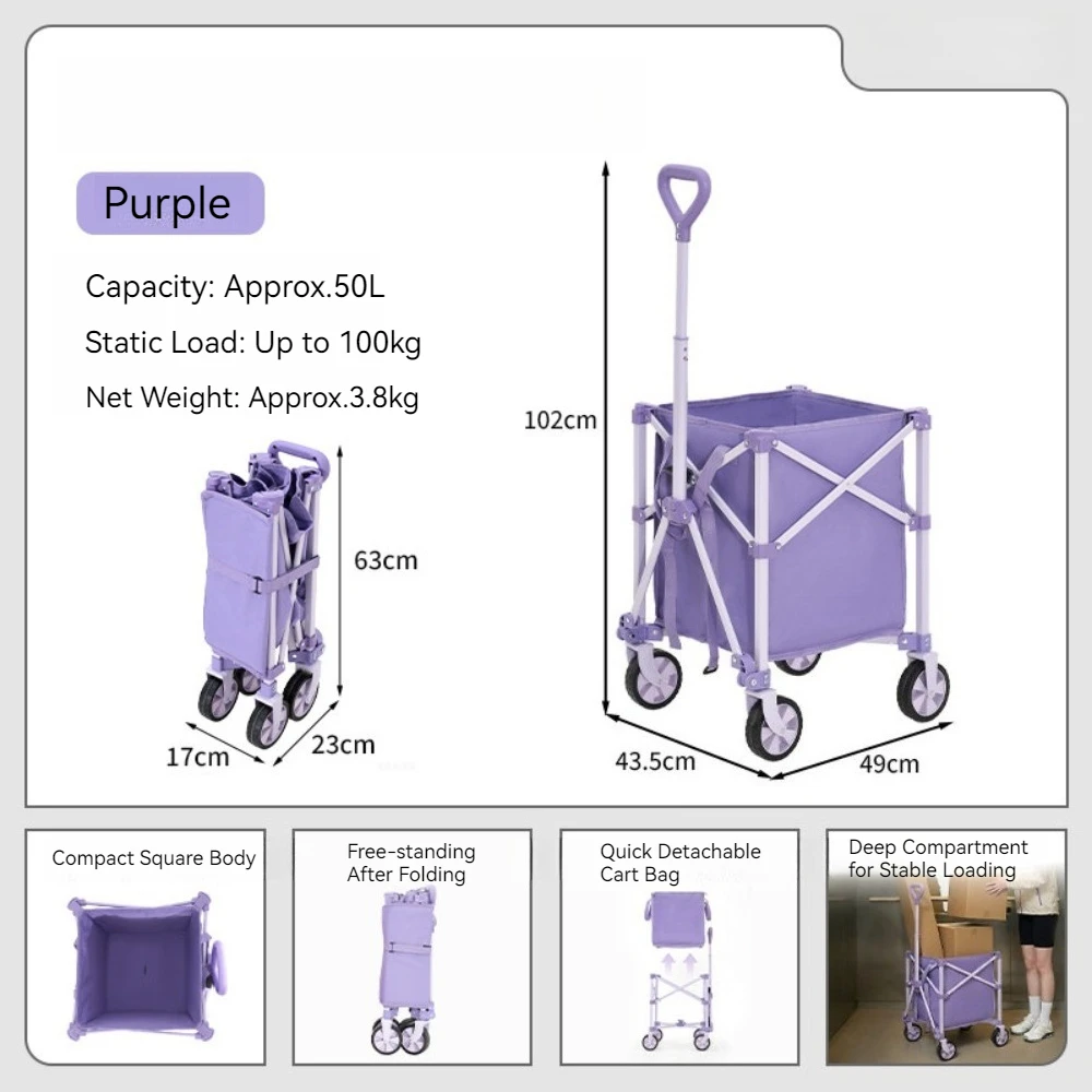 Heavy Duty Collapsible Utility Wagon Cart Telescopic Handle Foldable Shopping Trolley for Camping Beach Grocery Transportation