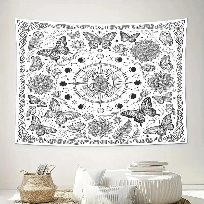 Boho Celestial Butterfly Zodiac Tapestry Curtains Window Decor Astrology Stars Botanical Print Wall Hanging for Boho Home