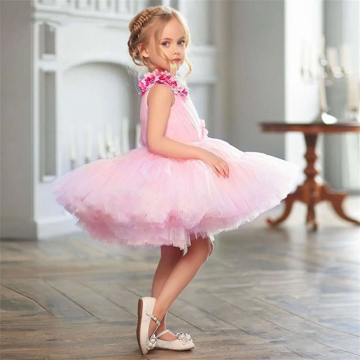 

Lovely Pink Flower Girl Dress Tulle Fluffy For Wedding Applique One Shoulder Child First Communion Celebration Party Dress