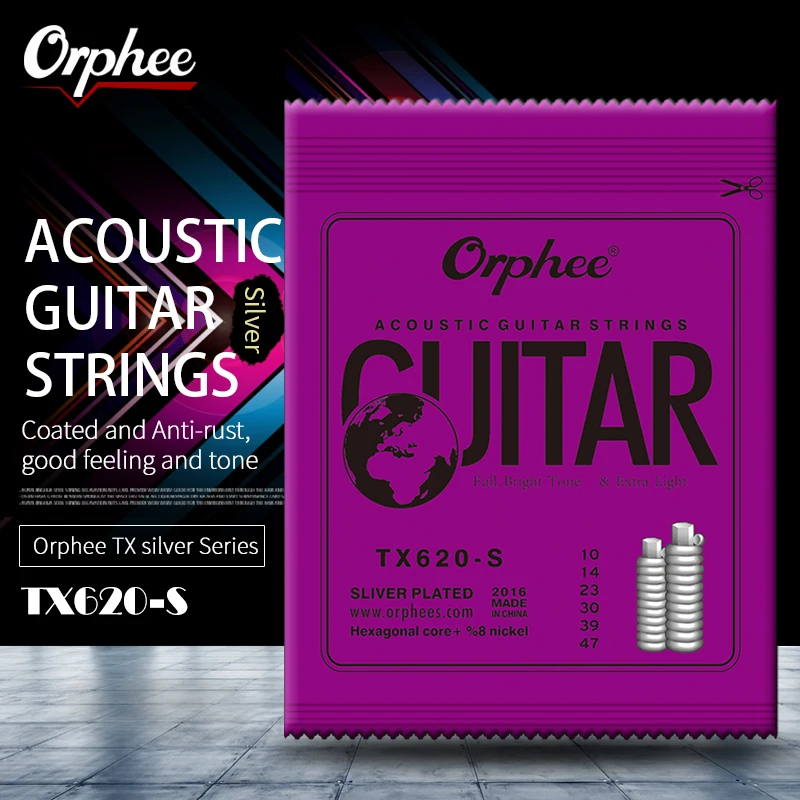 10 Orphee-TX620-S Color Silver Plated Hexagonal Carbon Steel TX Color Folk Strings Acoustic Guitar Strings Guitar Accessories