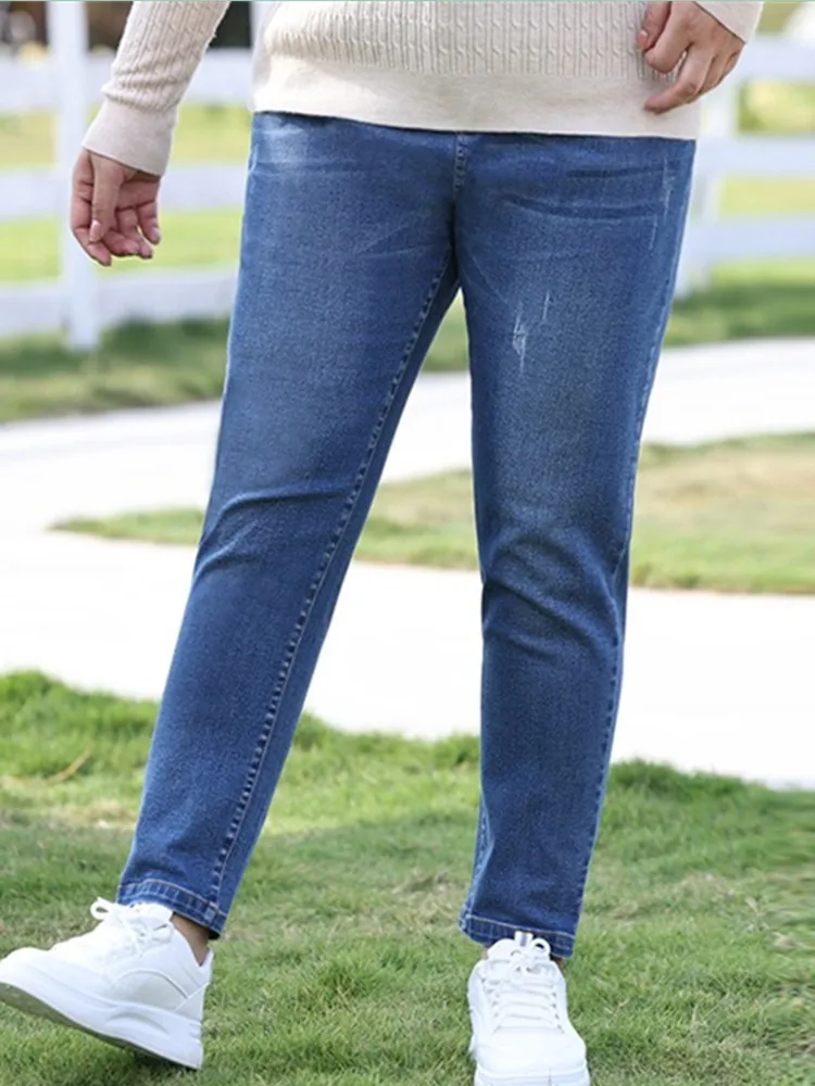 

Girl Jeans 7XL 6XL 5XL Pencil Pants High Waist Loose Women Autumn Plus 100KG Stretched Female Fashion Big Size Denim Trousers