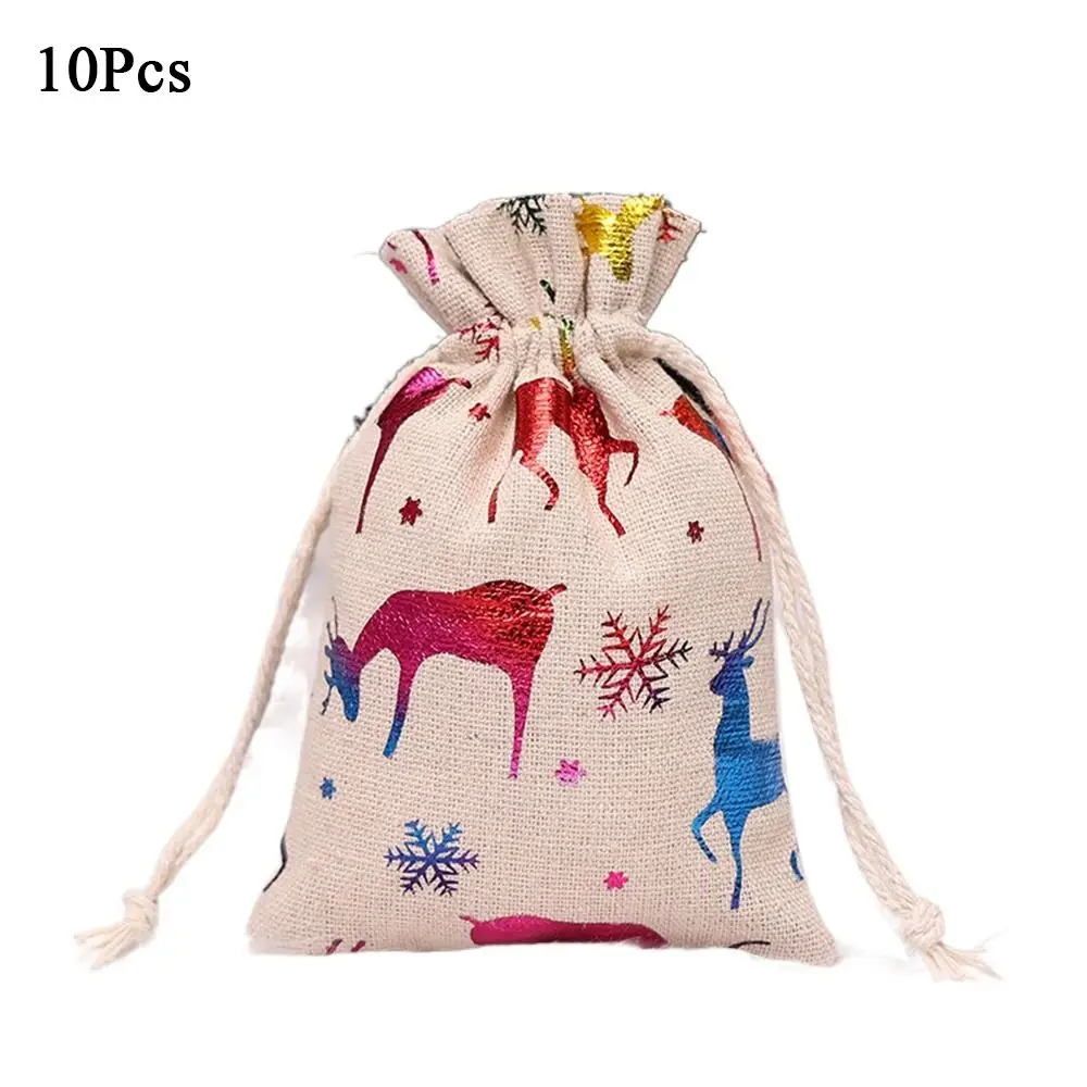 

10 шт., льняная рождественская сумка из хлопка с конфетами, горячее золото, снежинка, Рождественский бронзовый подарочный пакет с принтом Санта-Клауса, Рождественский подарочный пакет
