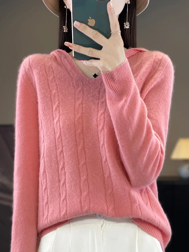 

Autumn Winter Women Cashmere Sweater Twist Flower Hooded Pullover 100% Merino Wool Knitwear Female Grace Soft Solid Color Top