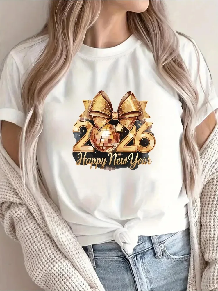 

Happy New Year Printed T-shirt for Women's Leisure Vacation Short Sleeved Round Neck T-shirt Versatile Slimming Sports Shirt