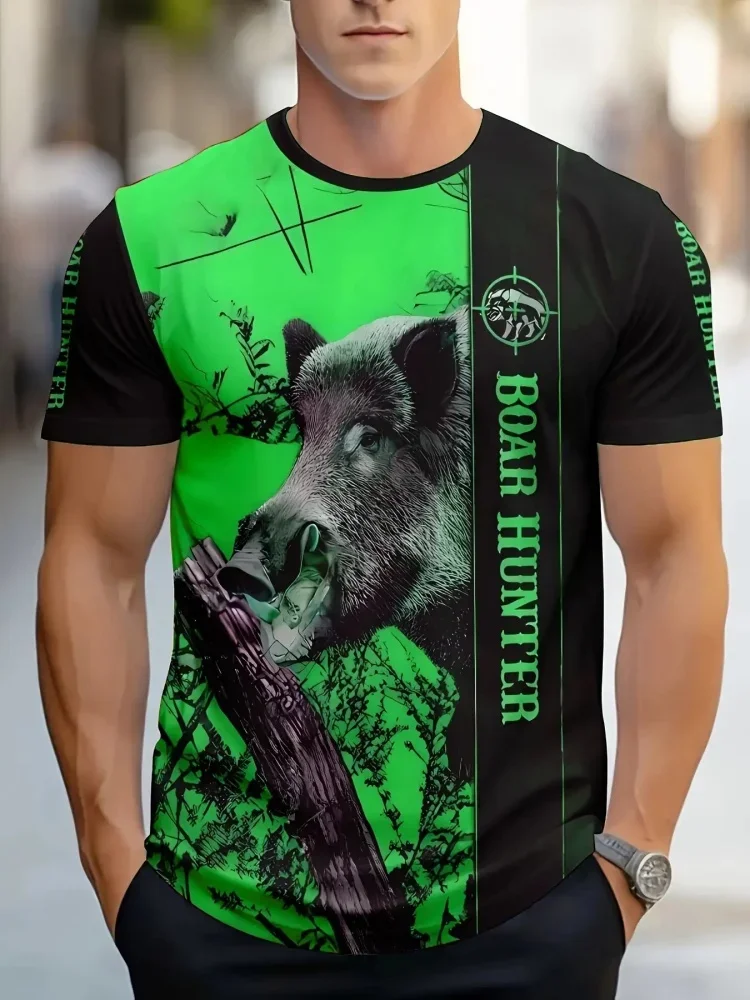 Fashion Boar Hunter Wild Boar Camo Green Split Print Men T-shirt Hunting Outdoor Casual Short Sleeve Tops Trend Man Clothes