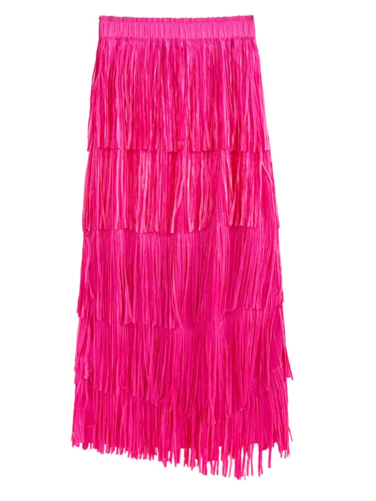 [EAM] High Elastic Waist Red Pleated Tassels Long Elegant Half-body Skirt Women Fashion Tide New Spring Autumn 2024 1DF8296