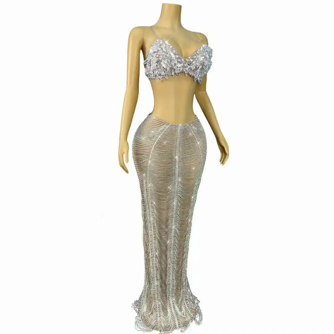 섹시한 스플릿 세트 고급 반짝이는 펜던트 크리스탈 체인 메쉬 드레스 여성 생일 이브닝 파티 가운 레드 카펫 쇼 무대 의상